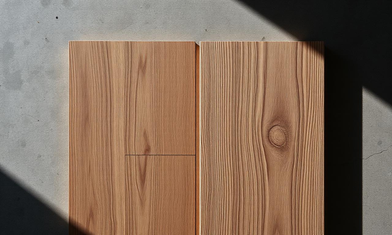 Two wood samples on a concrete floor with play of light and shadow